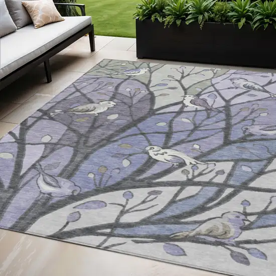 Purple Blue And Sage Botanical Leaves Washable Indoor Outdoor Area Rug Photo 1