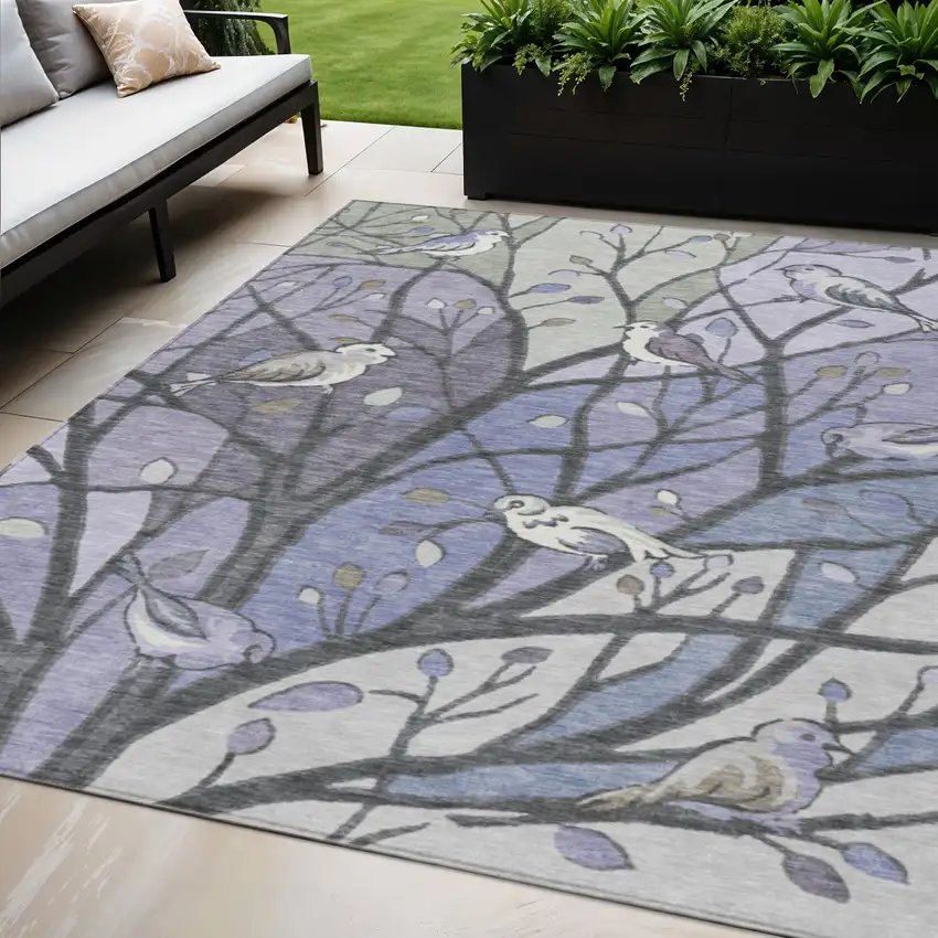 Purple Blue And Sage Botanical Leaves Washable Indoor Outdoor Area Rug Photo 1