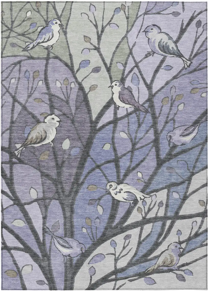 Purple Blue And Sage Botanical Leaves Washable Indoor Outdoor Area Rug Photo 2