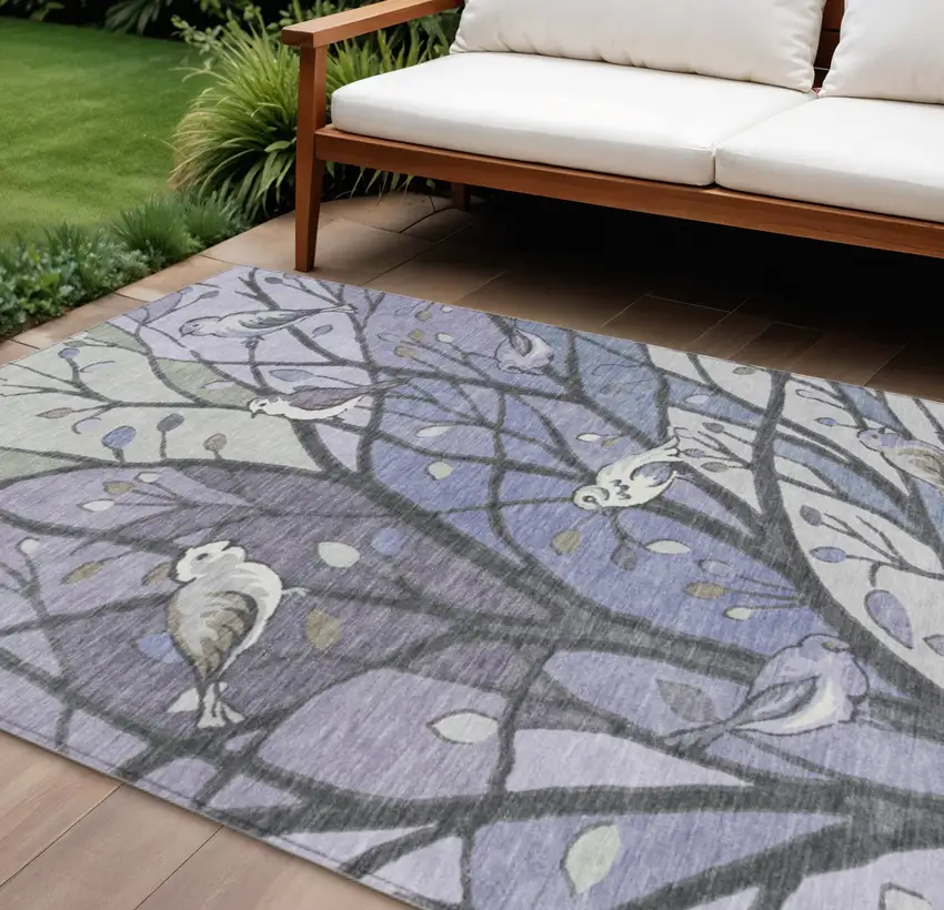 Purple Blue And Sage Botanical Leaves Washable Indoor Outdoor Area Rug Photo 1