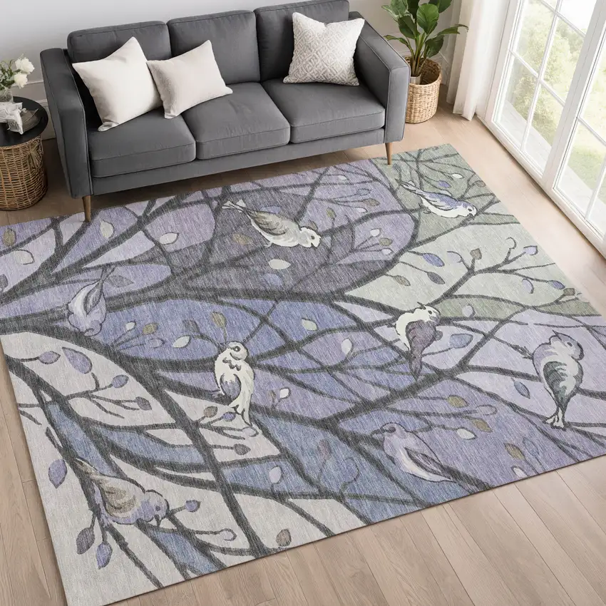 Purple Blue And Sage Botanical Leaves Washable Indoor Outdoor Area Rug Photo 9