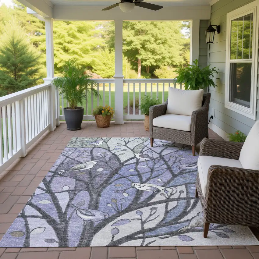 Purple Blue And Sage Botanical Leaves Washable Indoor Outdoor Area Rug Photo 9