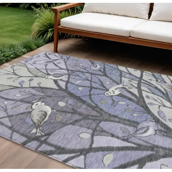 Purple Blue And Sage Botanical Leaves Washable Indoor Outdoor Area Rug Photo 1