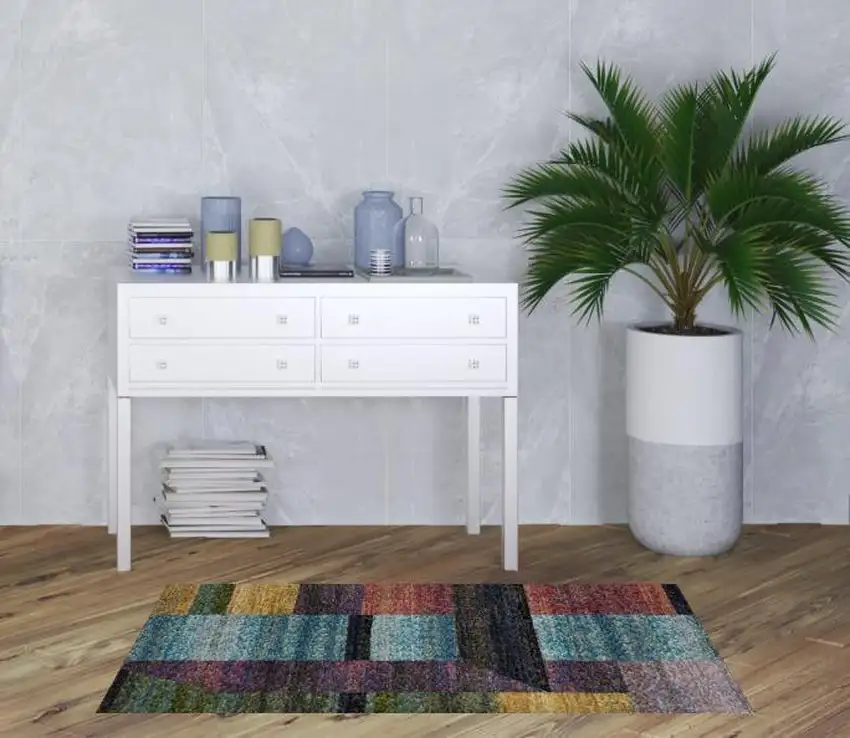 Purple Blue Teal Gold Green Red And Pink Geometric Power Loom Stain Resistant Area Rug Photo 2