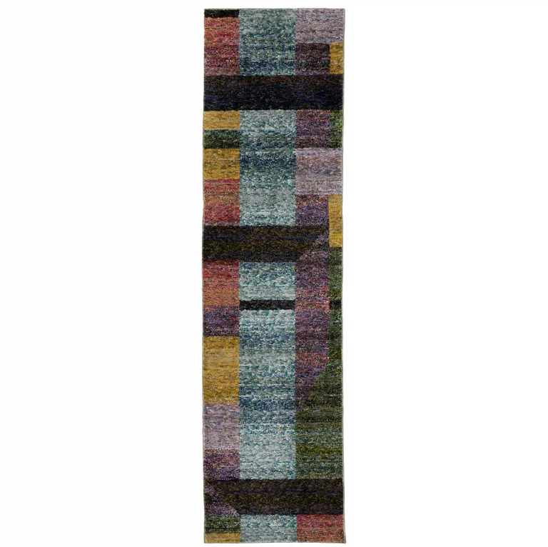 Purple Blue Teal Gold Green Red And Pink Geometric Power Loom Stain Resistant Runner Rug Photo 1
