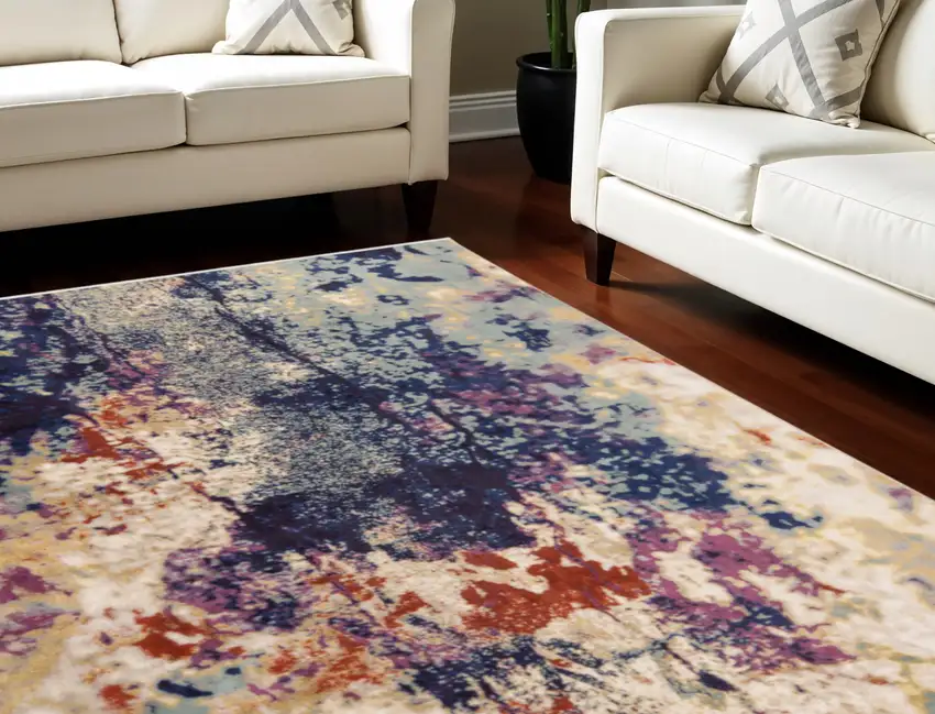 Purple Blue and Ivory Abstract Power Loom Area Rug Photo 1