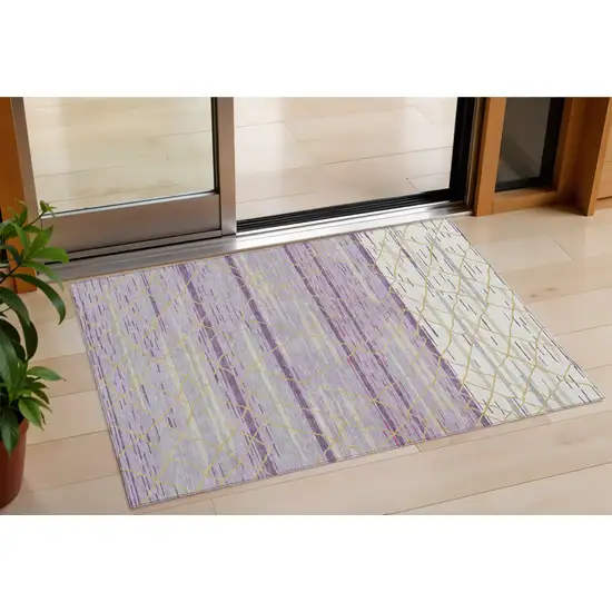 Purple Brown And Beige Striped Washable Indoor Outdoor Area Rug Photo 1