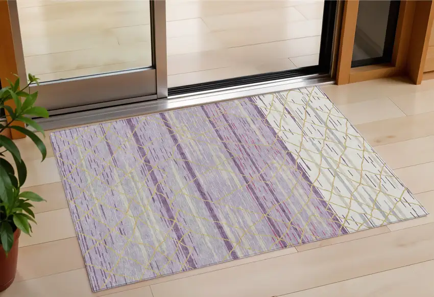 Purple Brown And Beige Striped Washable Indoor Outdoor Area Rug Photo 1