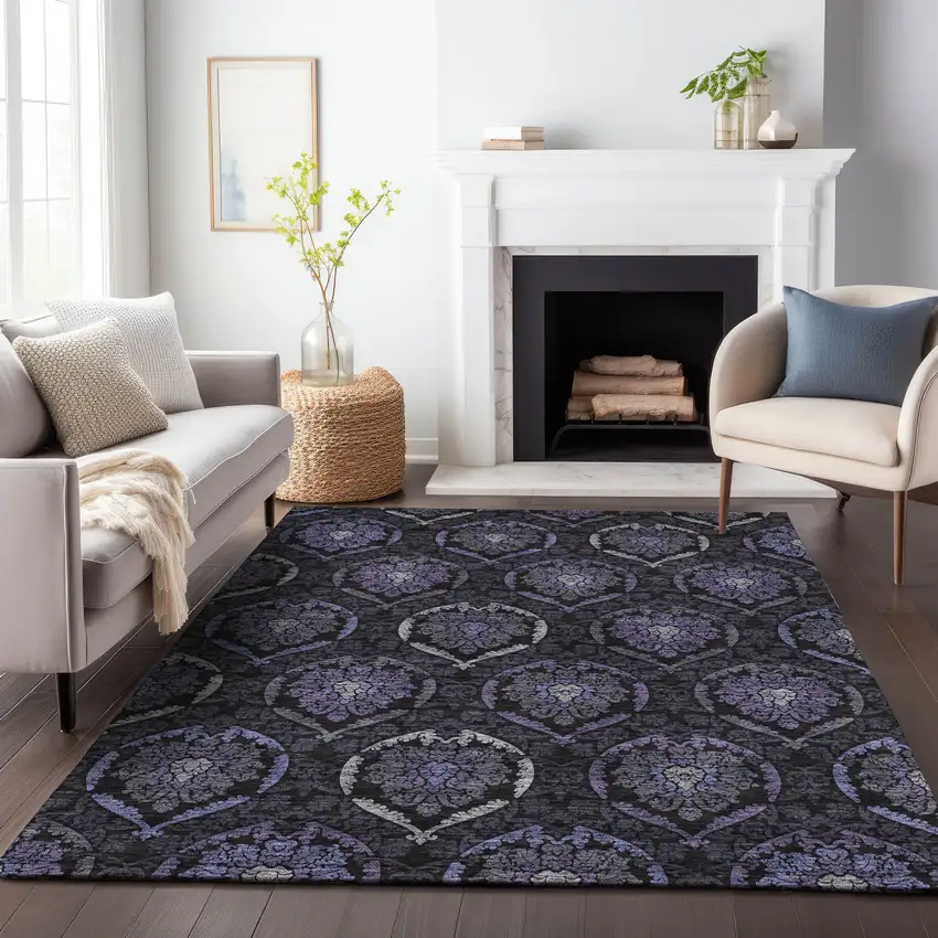 Purple Charcoal And Gray Medallion Washable Indoor Outdoor Area Rug Photo 9