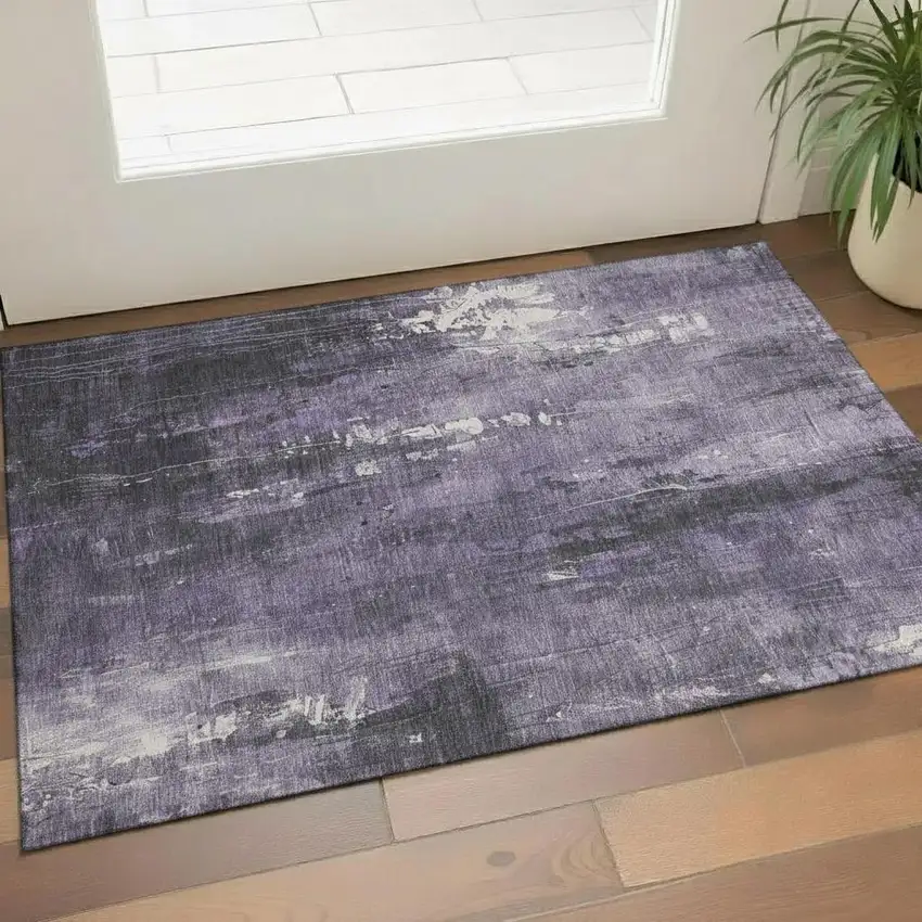 Purple Charcoal And Ivory Abstract Washable Area Rug With UV Protection Photo 2