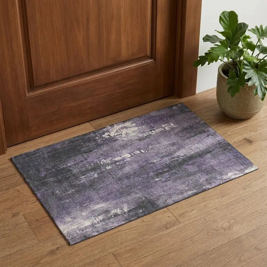 Purple Charcoal And Ivory Abstract Washable Area Rug With UV Protection Photo 1