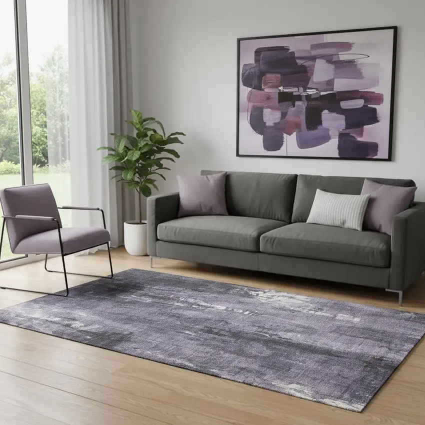 Purple Charcoal And Ivory Abstract Washable Area Rug With UV Protection Photo 2