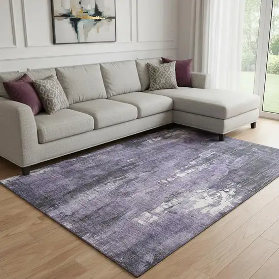 Purple Charcoal And Ivory Abstract Washable Area Rug With UV Protection Photo 2