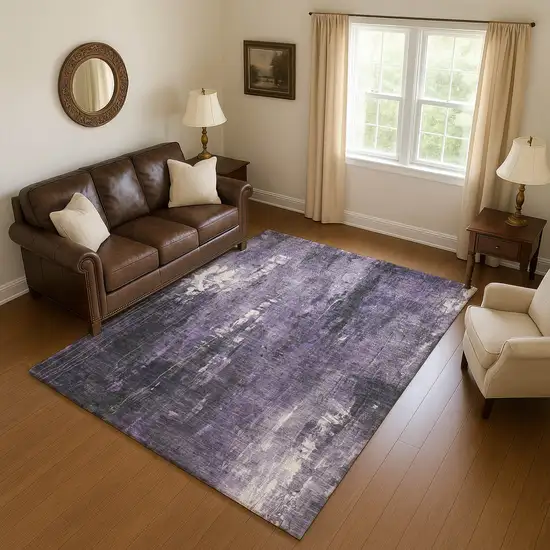 Purple Charcoal And Ivory Abstract Washable Area Rug With UV Protection Photo 4