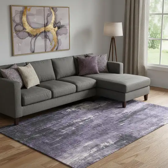 Purple Charcoal And Ivory Abstract Washable Area Rug With UV Protection Photo 2