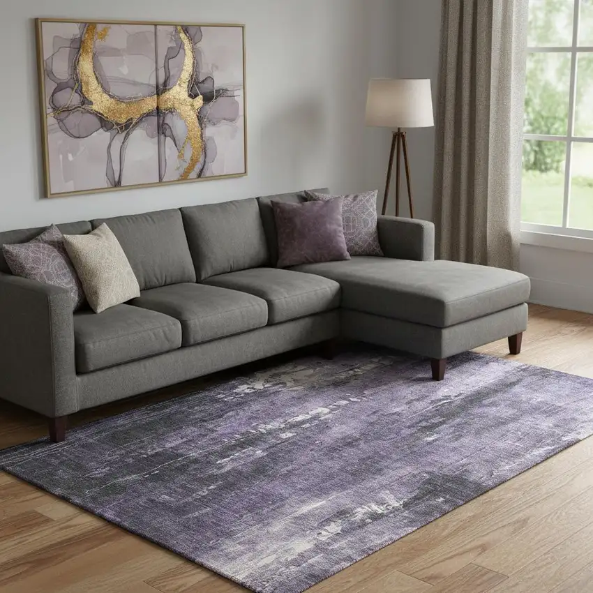 Purple Charcoal And Ivory Abstract Washable Area Rug With UV Protection Photo 2
