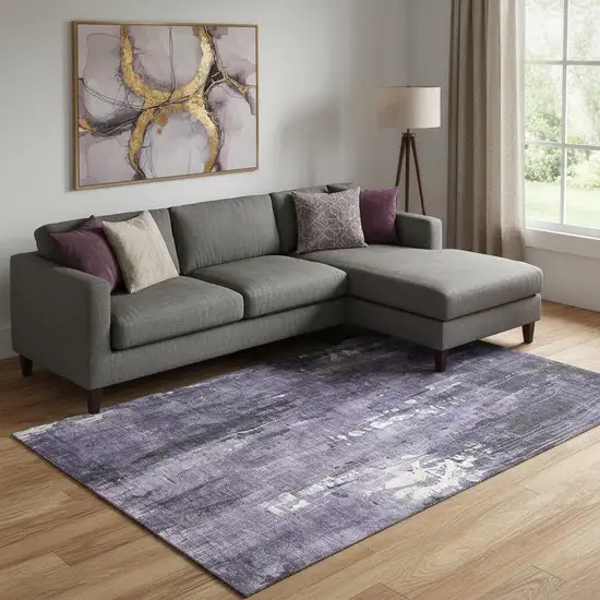Purple Charcoal And Ivory Abstract Washable Area Rug With UV Protection Photo 2