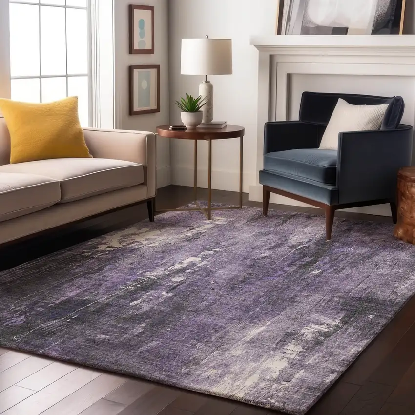 Purple Charcoal And Ivory Abstract Washable Area Rug With UV Protection Photo 5