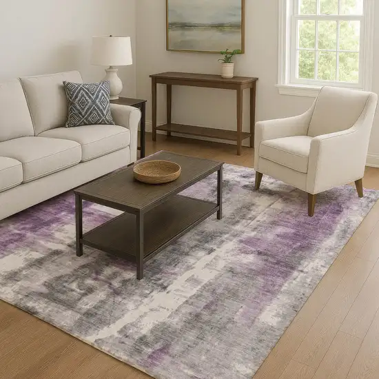 Purple Charcoal And Ivory Abstract Washable Area Rug With UV Protection Photo 6