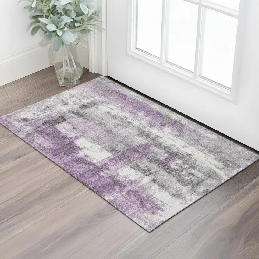 Purple Charcoal And Ivory Abstract Washable Area Rug With UV Protection Photo 2