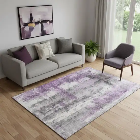 Purple Charcoal And Ivory Abstract Washable Area Rug With UV Protection Photo 1