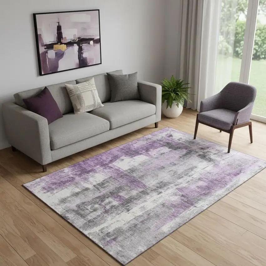 Purple Charcoal And Ivory Abstract Washable Area Rug With UV Protection Photo 1