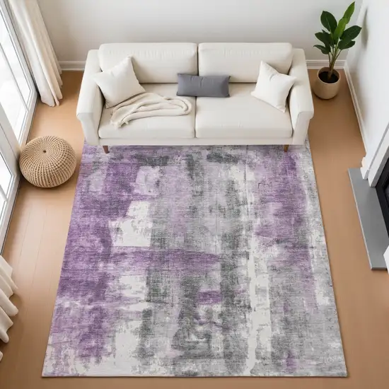 Purple Charcoal And Ivory Abstract Washable Area Rug With UV Protection Photo 5