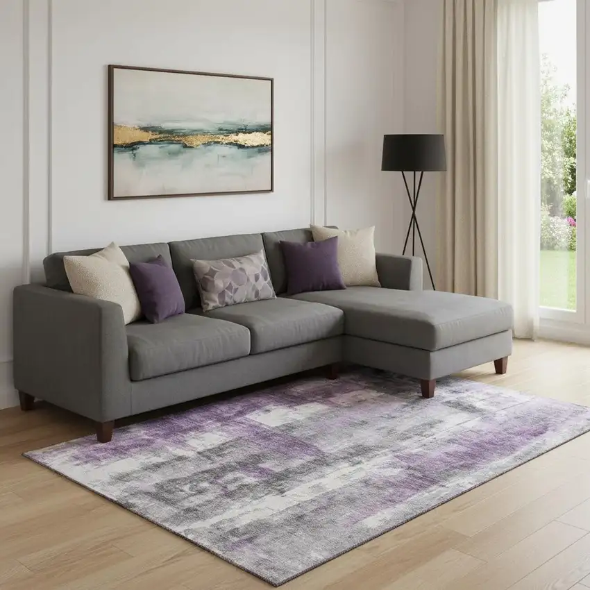 Purple Charcoal And Ivory Abstract Washable Area Rug With UV Protection Photo 2