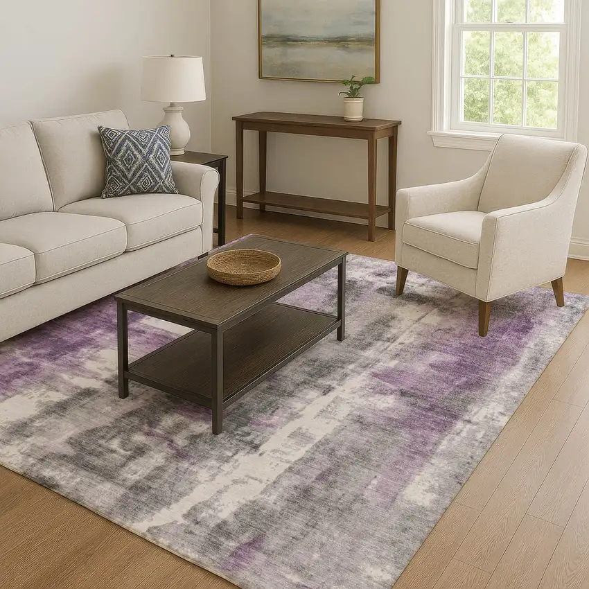 Purple Charcoal And Ivory Abstract Washable Area Rug With UV Protection Photo 6