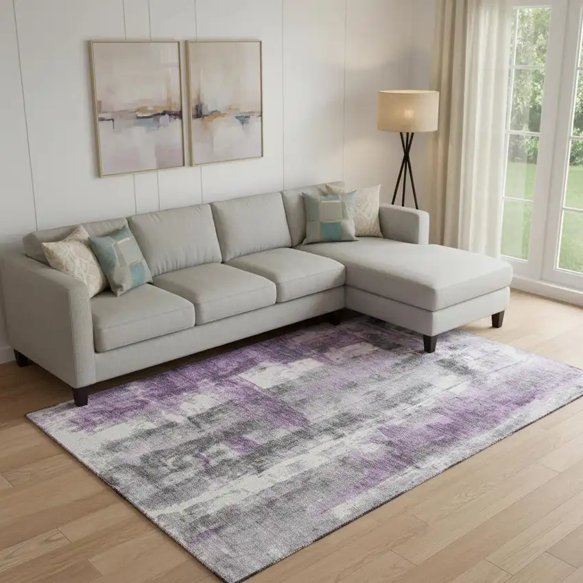 Purple Charcoal And Ivory Abstract Washable Area Rug With UV Protection Photo 2
