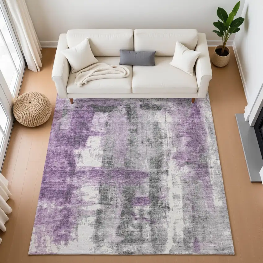 Purple Charcoal And Ivory Abstract Washable Area Rug With UV Protection Photo 5
