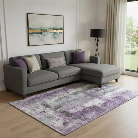 Purple Charcoal And Ivory Abstract Washable Area Rug With UV Protection Photo 2