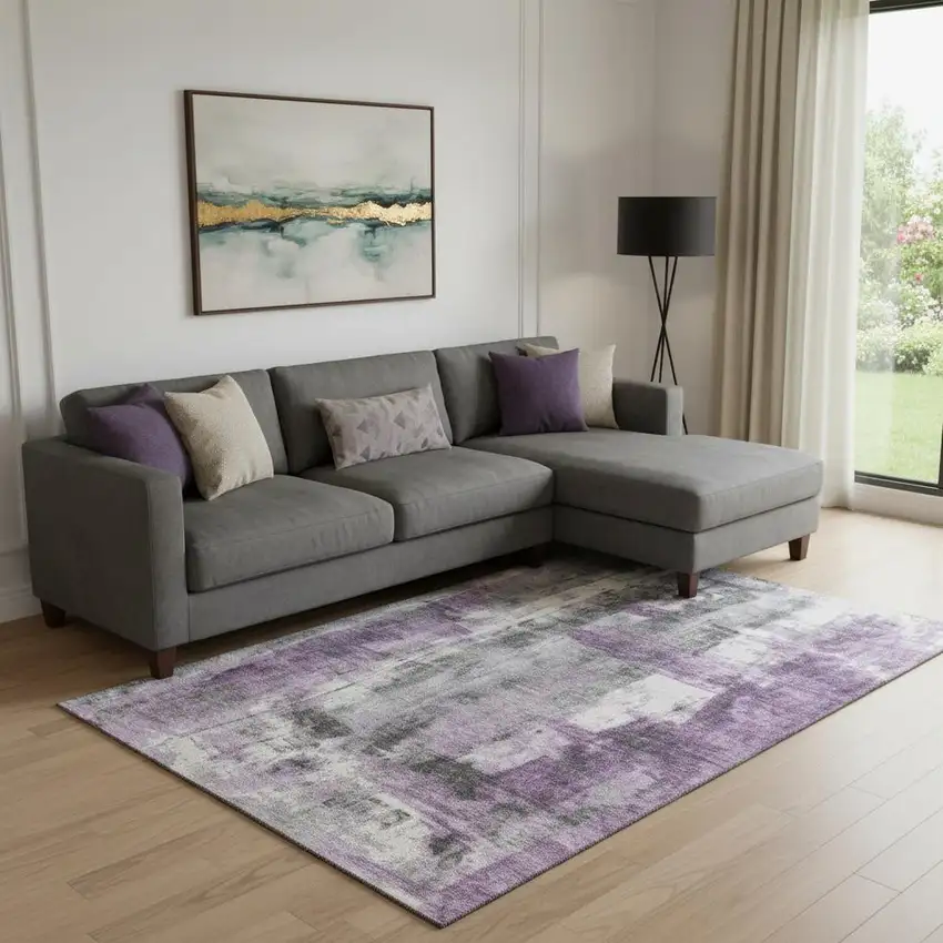 Purple Charcoal And Ivory Abstract Washable Area Rug With UV Protection Photo 1
