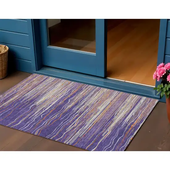 Purple Copper And Ivory Striped Washable Indoor Outdoor Area Rug Photo 1