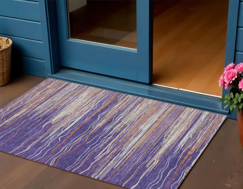 Purple Copper And Ivory Striped Washable Indoor Outdoor Area Rug Photo 1