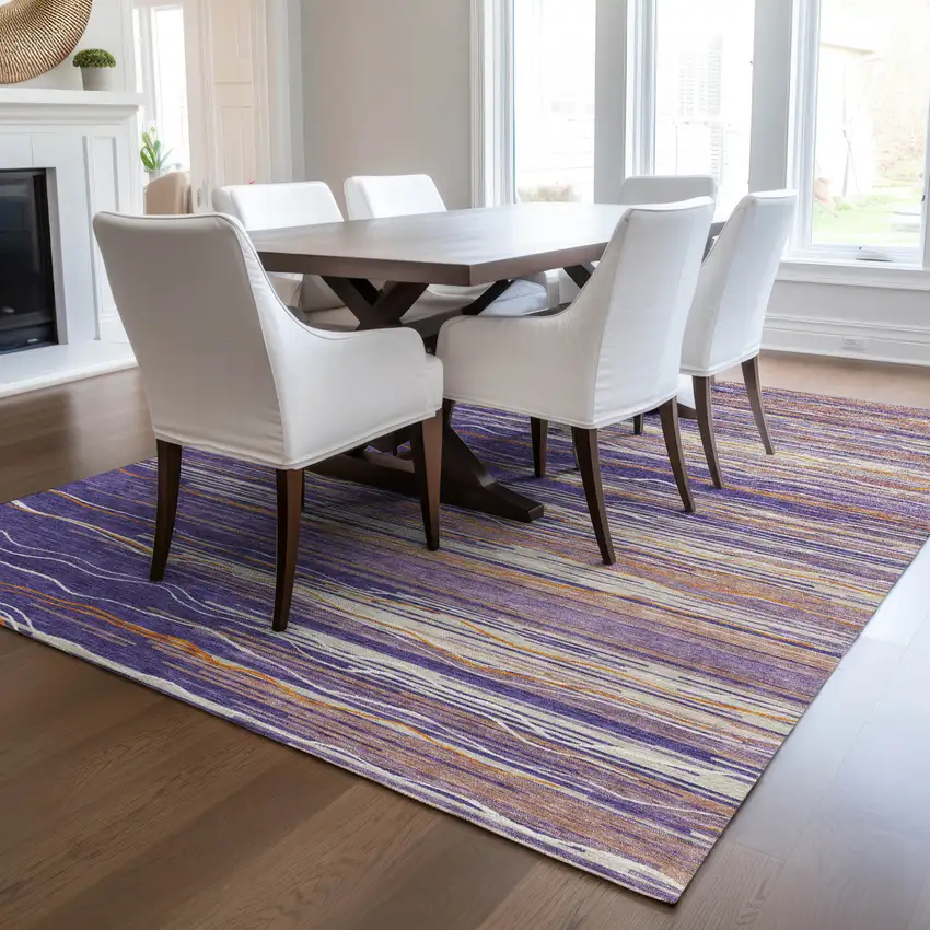 Purple Copper And Ivory Striped Washable Indoor Outdoor Area Rug Photo 9