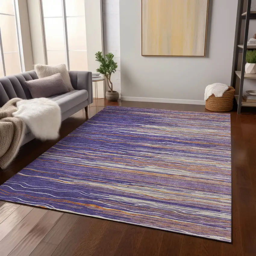 Purple Copper And Ivory Striped Washable Indoor Outdoor Area Rug Photo 9