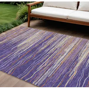 Photo of Purple Copper And Ivory Striped Washable Indoor Outdoor Area Rug