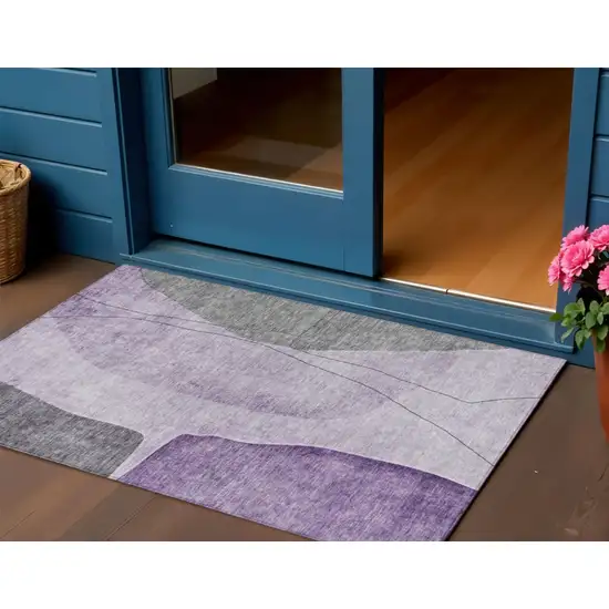 Purple Eggplant And Gray Abstract Washable Indoor Outdoor Area Rug Photo 1