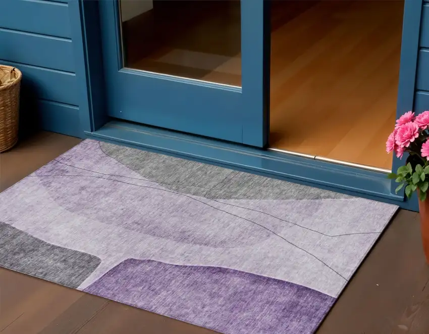 Purple Eggplant And Gray Abstract Washable Indoor Outdoor Area Rug Photo 1