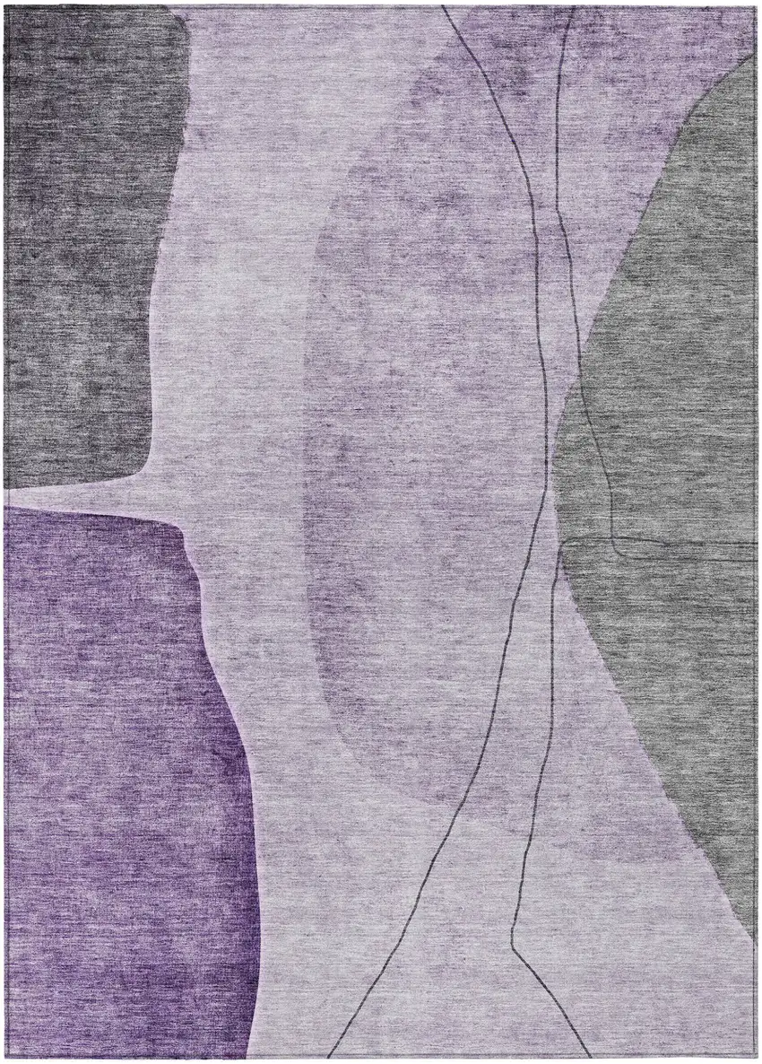Purple Eggplant And Gray Abstract Washable Indoor Outdoor Area Rug Photo 1