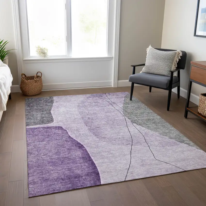 Purple Eggplant And Gray Abstract Washable Indoor Outdoor Area Rug Photo 6