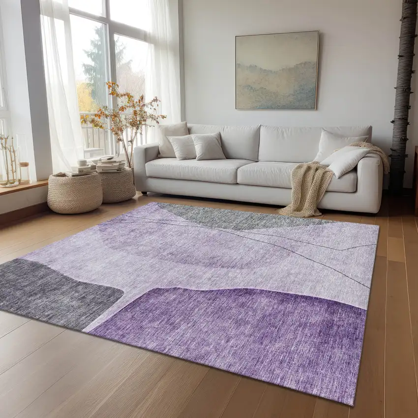 Purple Eggplant And Gray Abstract Washable Indoor Outdoor Area Rug Photo 7