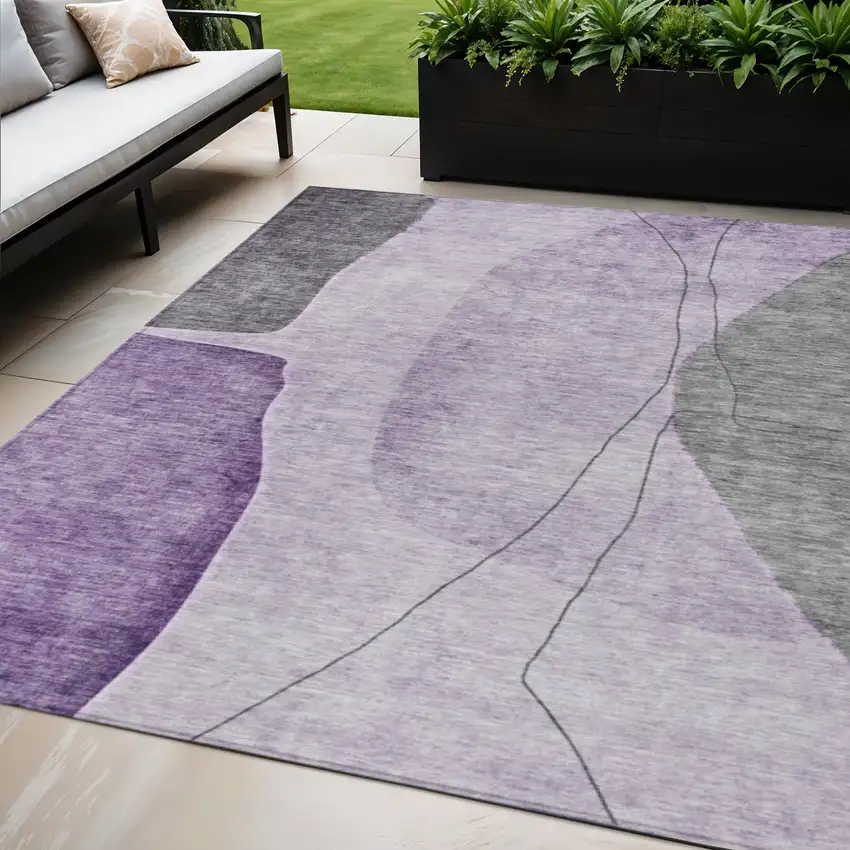 Purple Eggplant And Gray Abstract Washable Indoor Outdoor Area Rug Photo 1