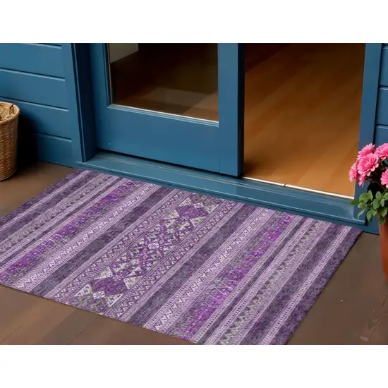 Purple Eggplant And Gray Southwestern Washable Indoor Outdoor Area Rug Photo 1