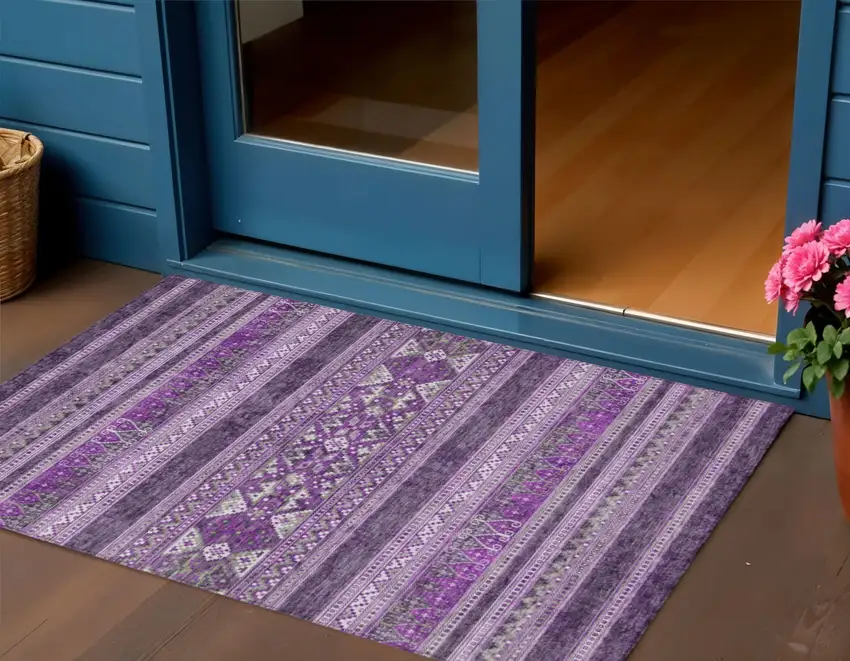 Purple Eggplant And Gray Southwestern Washable Indoor Outdoor Area Rug Photo 1