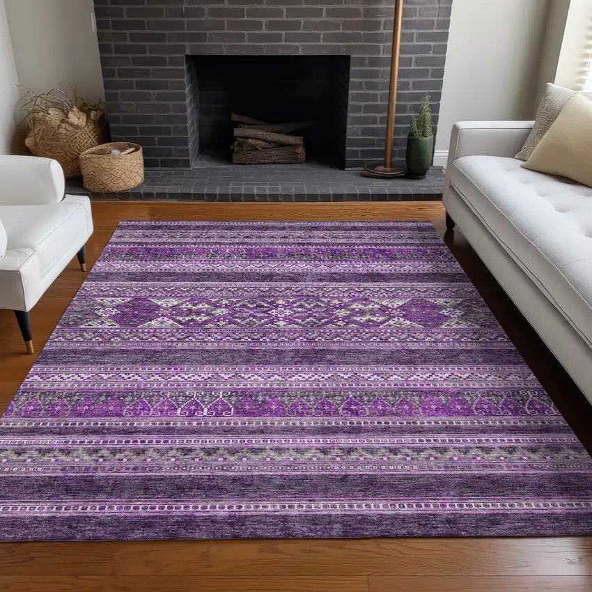 Purple Eggplant And Gray Southwestern Washable Indoor Outdoor Area Rug Photo 9