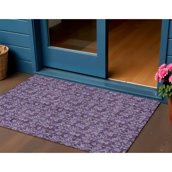 Purple Eggplant And Ivory Floral Washable Indoor Outdoor Area Rug Photo 1