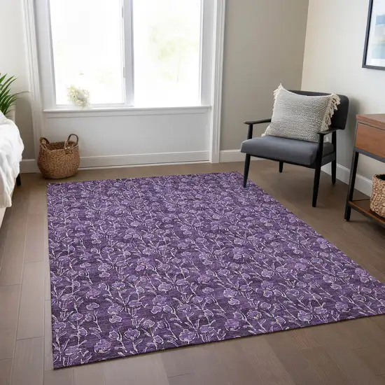 Purple Eggplant And Ivory Floral Washable Indoor Outdoor Area Rug Photo 8
