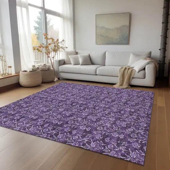 Purple Eggplant And Ivory Floral Washable Indoor Outdoor Area Rug Photo 9